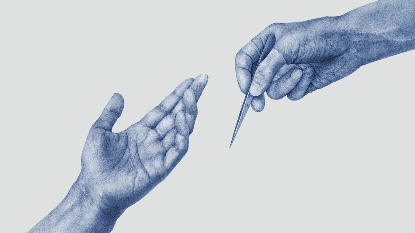 Twee handen die reiken, een pincet vasthoudend, blauwe tekening op lichte achtergrond