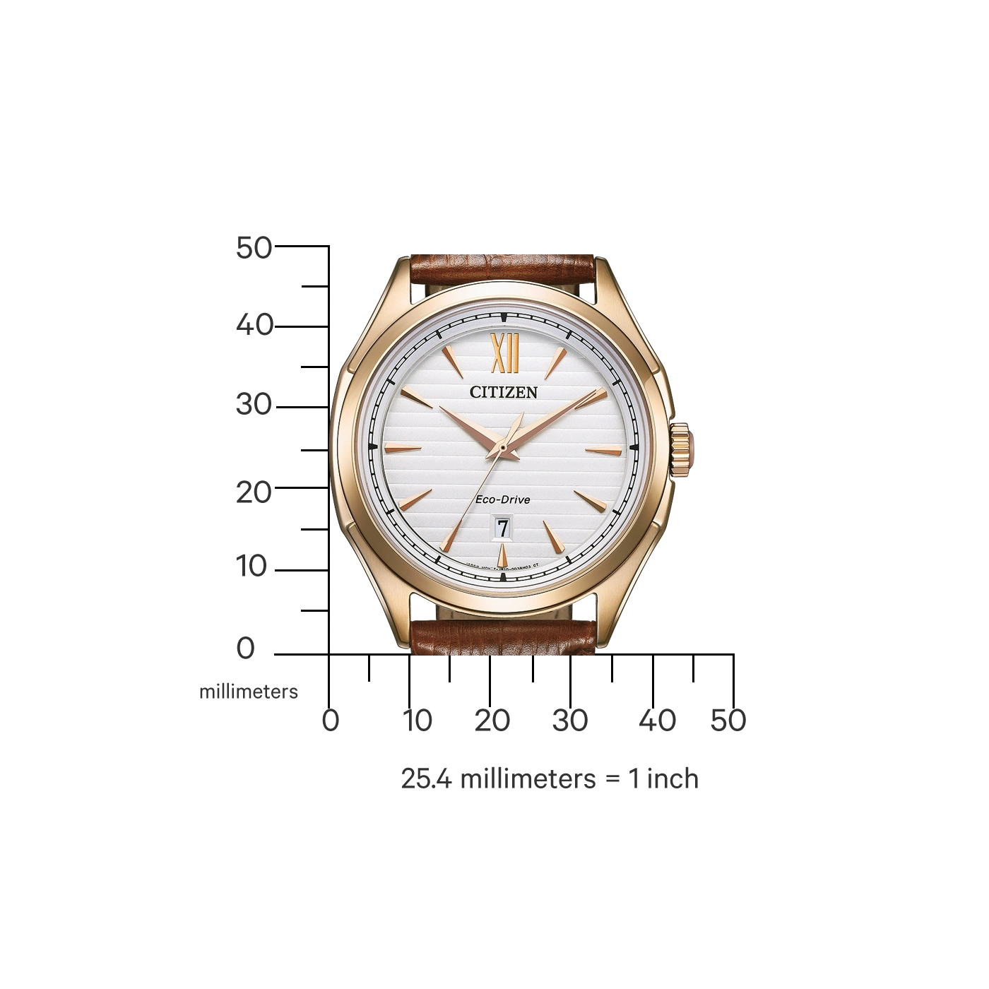 Citizen Eco-Drive horloge met witte wijzerplaat en bruine leren band, gouden kast.