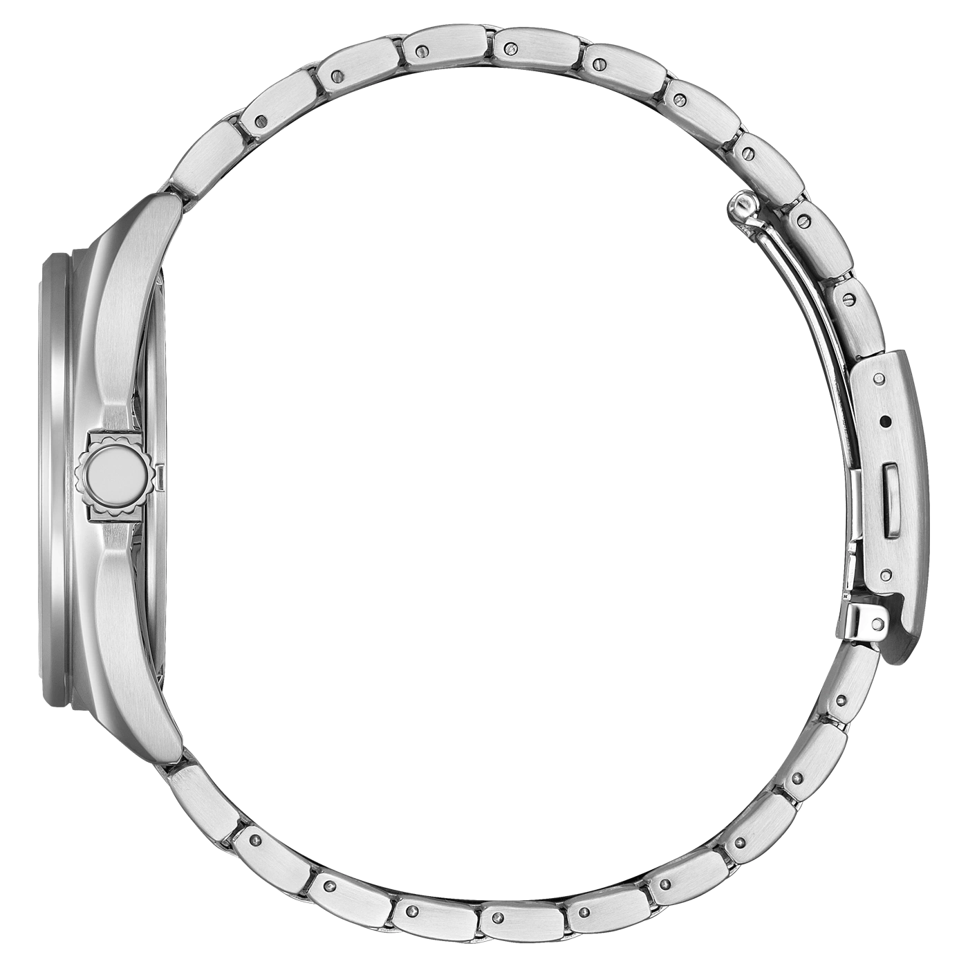 Zijaanzicht van een zilveren polshorloge met metalen band, elegant ontwerp.