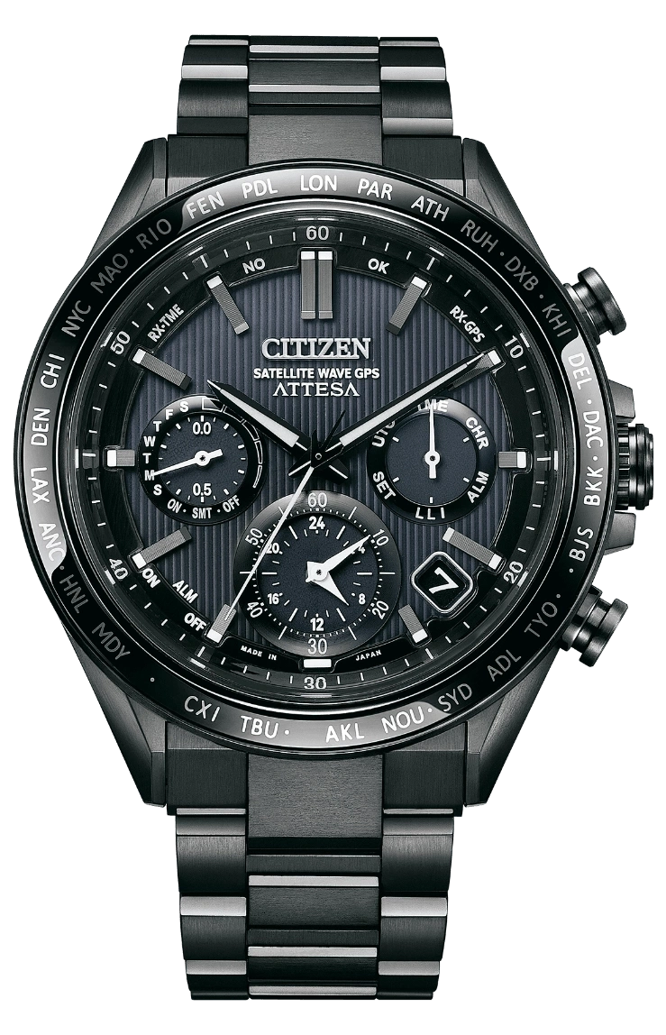 Zwart Citizen Attesa horloge met meerdere wijzerplaten en wereldtijdaanduidingen, een stijlvol accessoire.