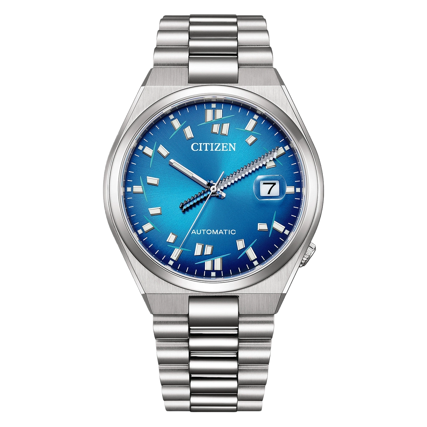 Een blauw Citizen automatisch horloge met datumvenster en metalen band.