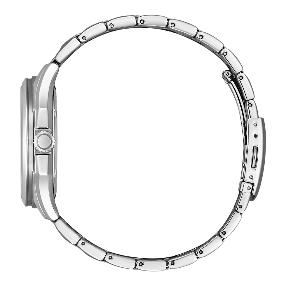 Zilveren horloge met metalen band, zijaanzicht, elegant design, glanzend