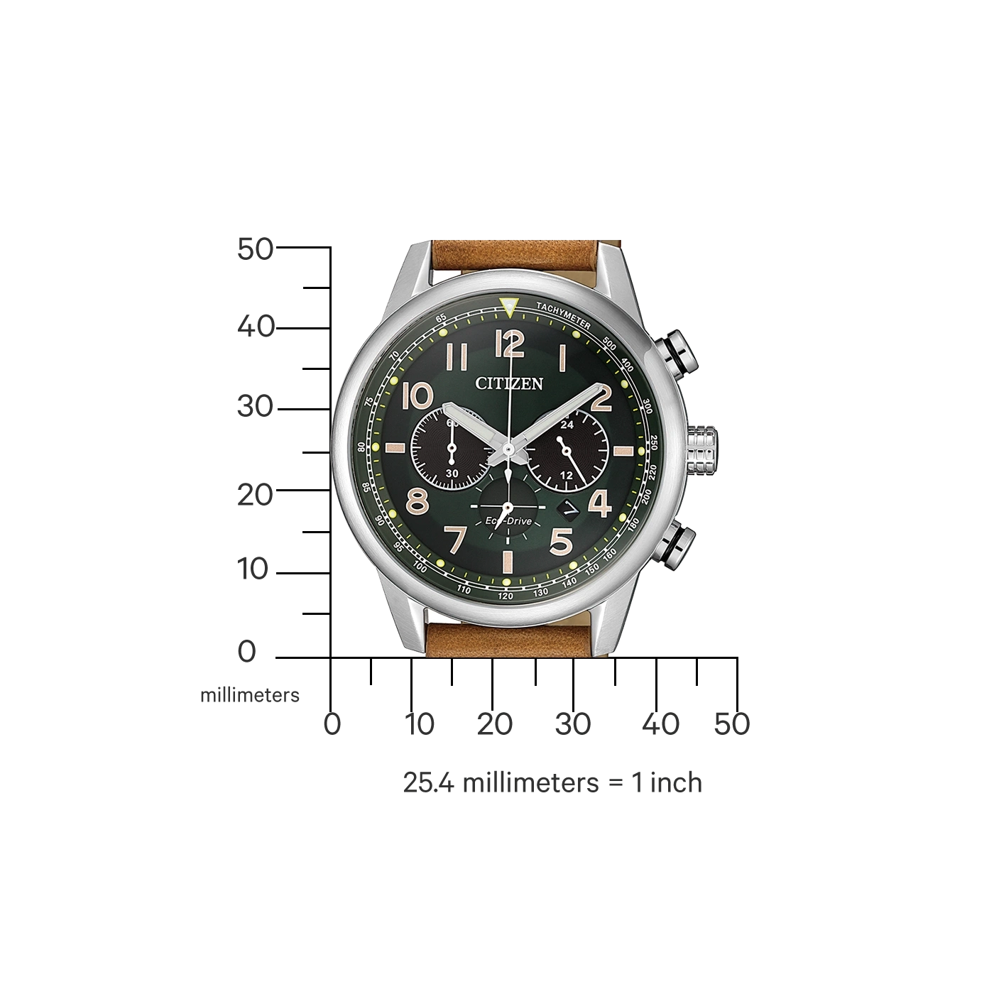 Citizen horloge met groene wijzerplaat en bruine leren band, meetschaal.