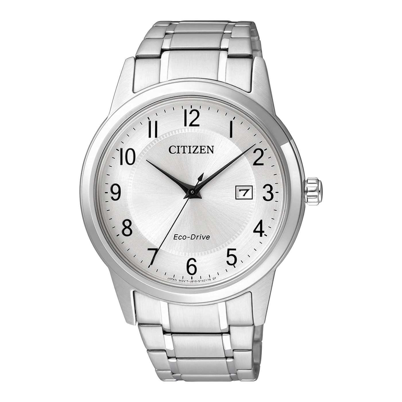 Zilveren Citizen Eco-Drive horloge met datumweergave en roestvrijstalen band.