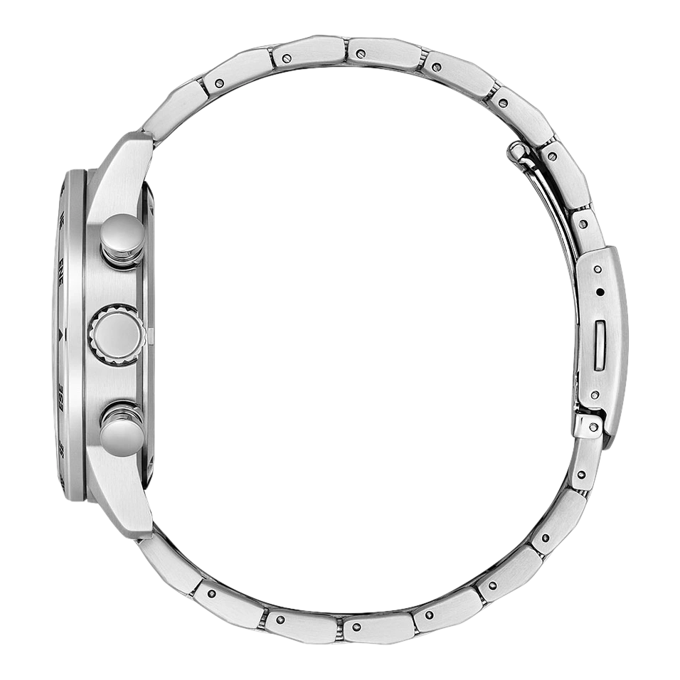 Zijaanzicht van een zilveren horloge met metalen band en knoppen.