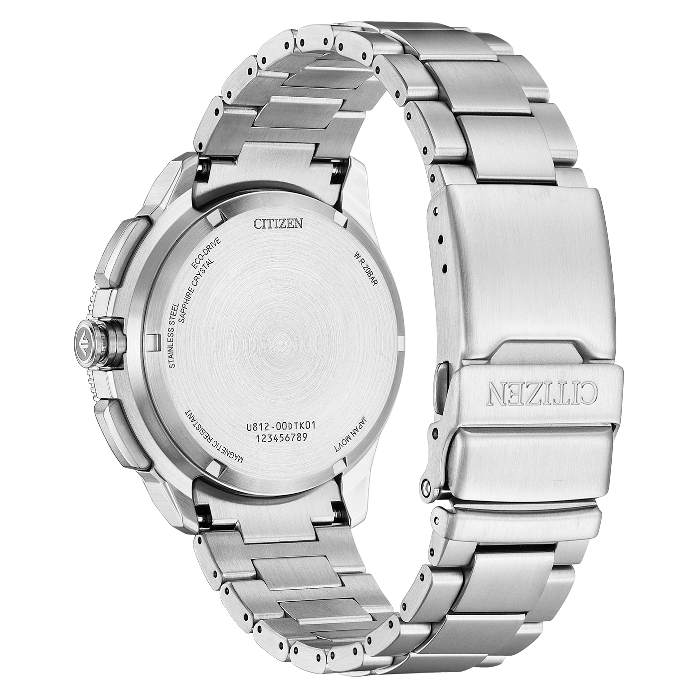 Achterkant van een geborsteld roestvrijstalen Citizen Eco-Drive horloge.