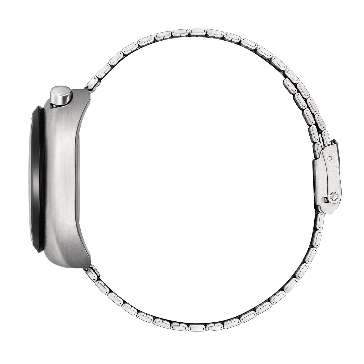 Zijaanzicht van een zilveren horloge met metalen band.