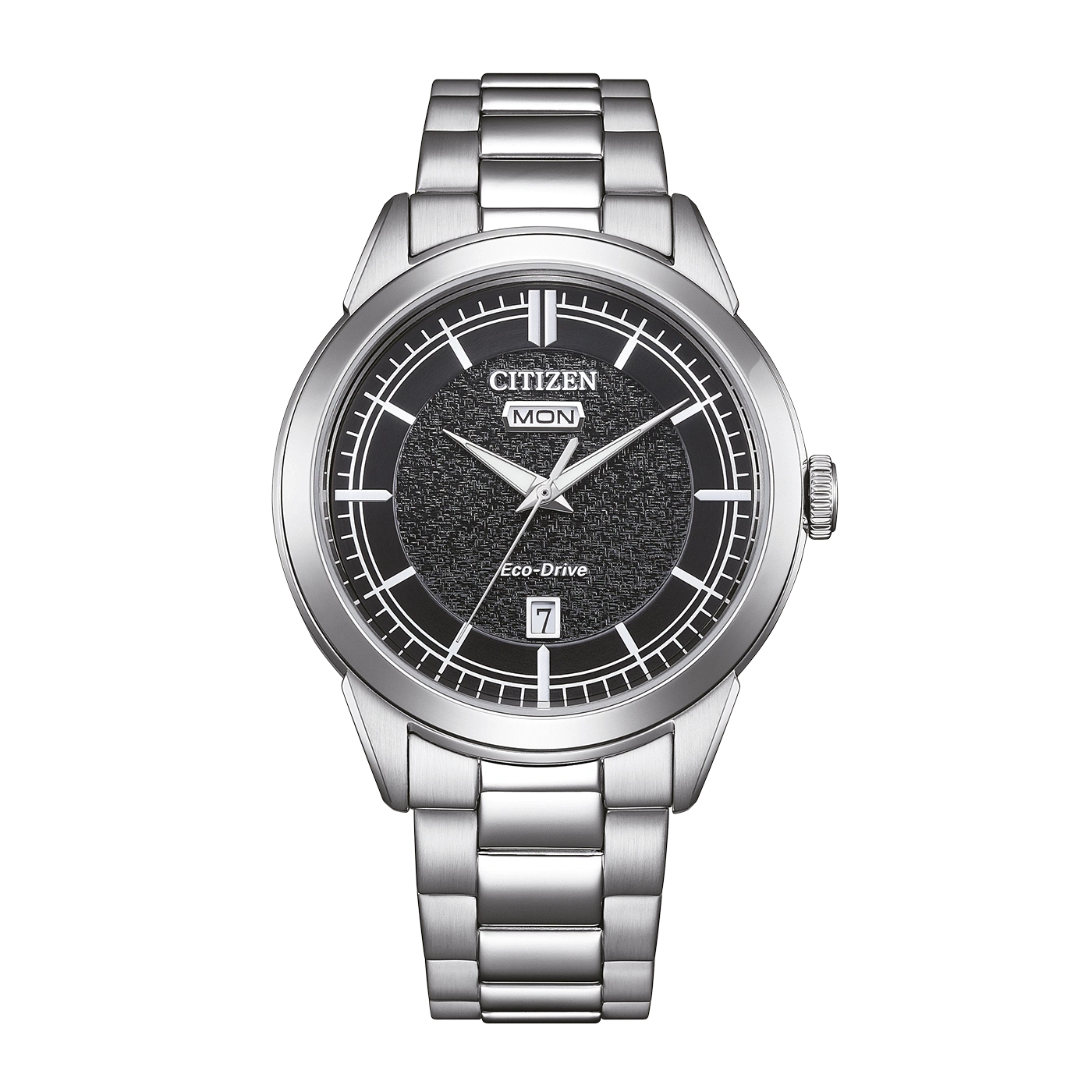 Een Citizen Eco-Drive horloge met een zwart, getextureerd wijzerplaat en zilveren band.