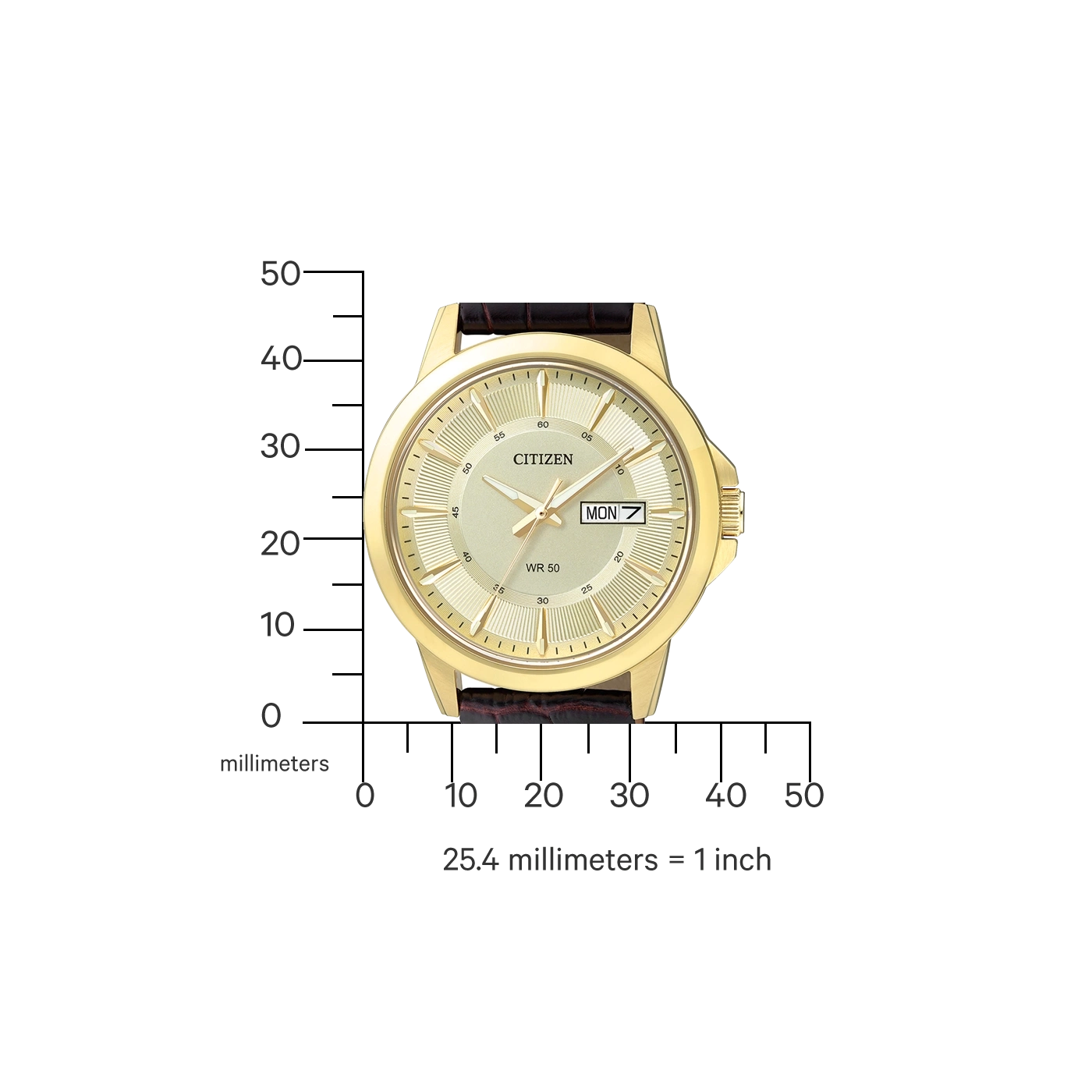 Gouden Citizen horloge met bruine band, met dag en datum weergave.