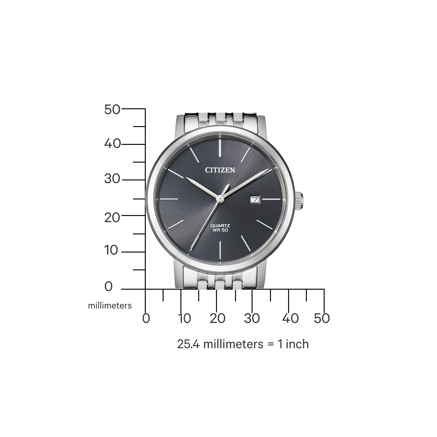 Citizen horloge met een donkergrijze wijzerplaat en zilveren band, met metingen.