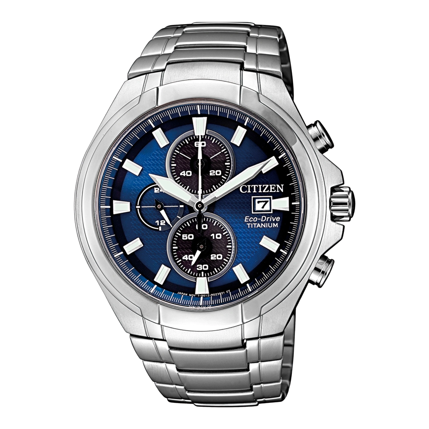 Citizen horloge met blauwe wijzerplaat, Eco-Drive, titanium, chronograaf en datumweergave.