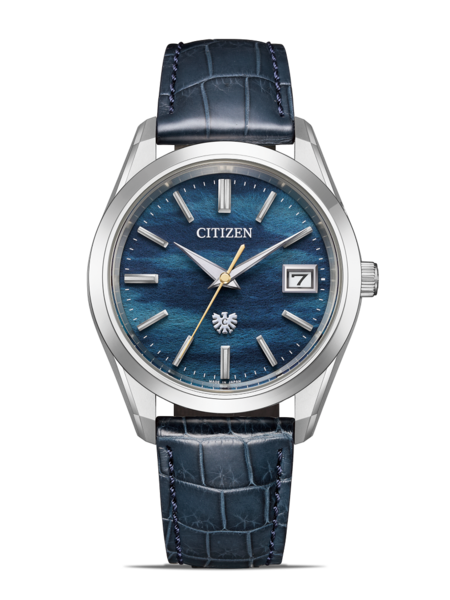 Citizen-Uhr mit blauem Zifferblatt und Lederarmband, elegantes Design.