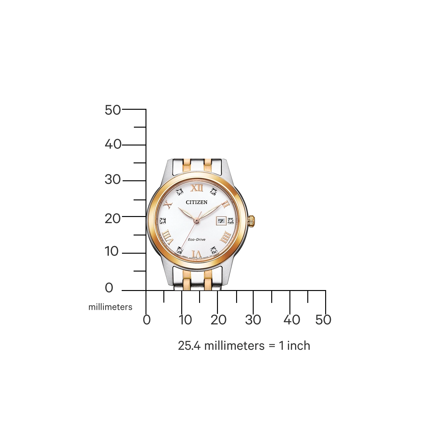 Citizen horloge met goud- en zilveraccenten, witte wijzerplaat en Romeinse cijfers.
