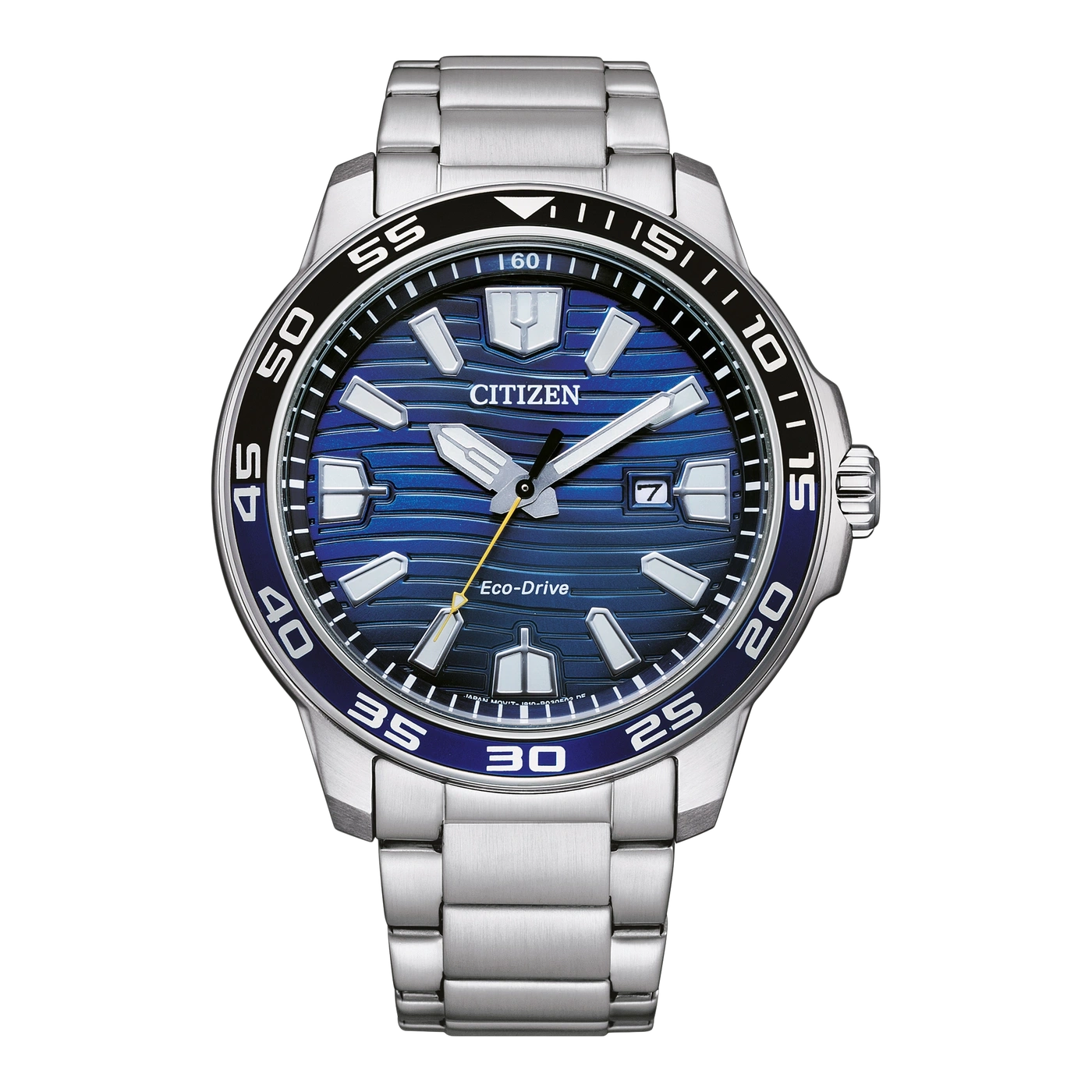 Citizen horloge met blauwe wijzerplaat en zilveren band, Eco-Drive technologie.