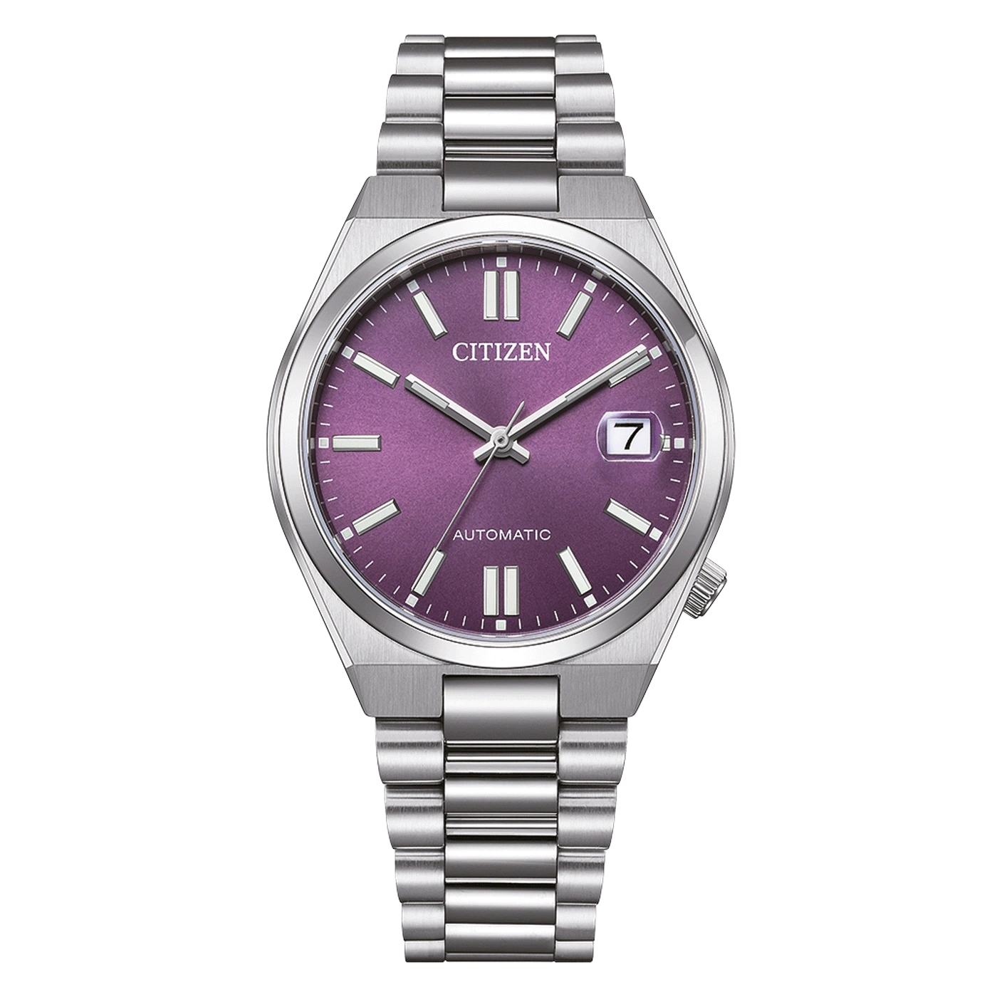 Citizen horloge met paarse wijzerplaat en zilveren band, automatisch.