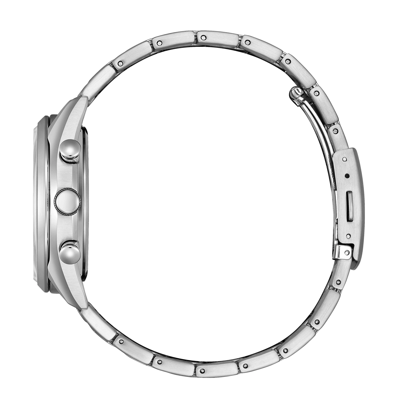 Zilveren horloge met metalen band, zijaanzicht, geïsoleerd op witte achtergrond.