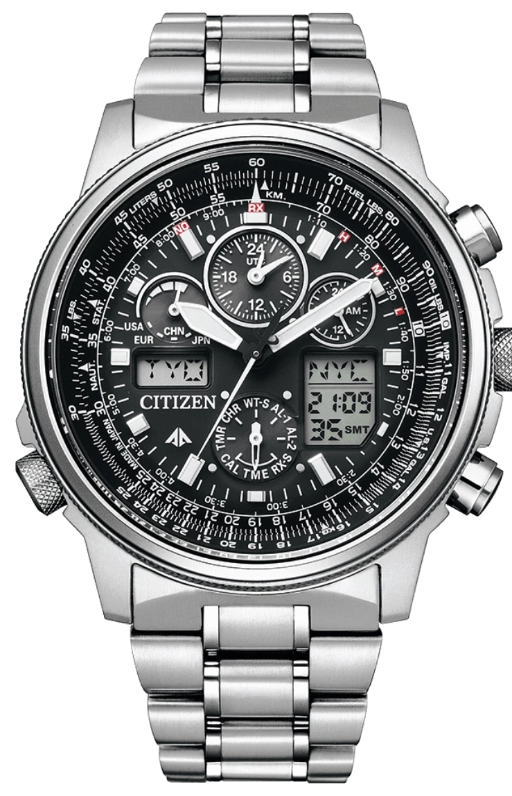 Citizen horloge met zwarte wijzerplaat, zilveren band en meerdere wijzerplaten voor tijdmeting en luchtvaartfuncties.