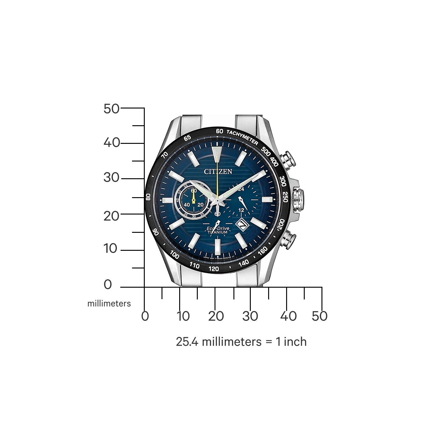 Citizen horloge met blauwe wijzerplaat, tachymeter en titanium Eco-Drive.