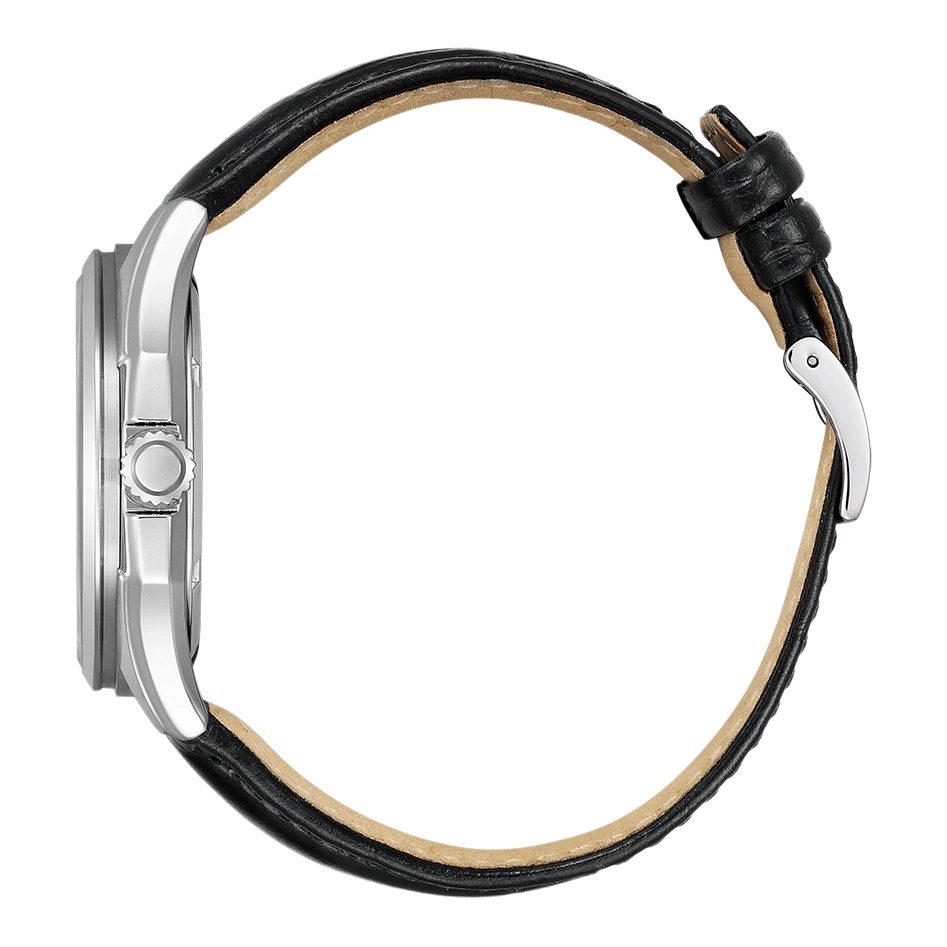 Zijaanzicht van een zilveren horloge met een zwarte leren band.
