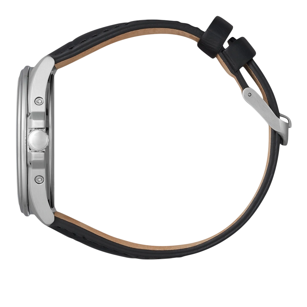 Zijaanzicht van een zilveren horloge met een zwarte leren band.