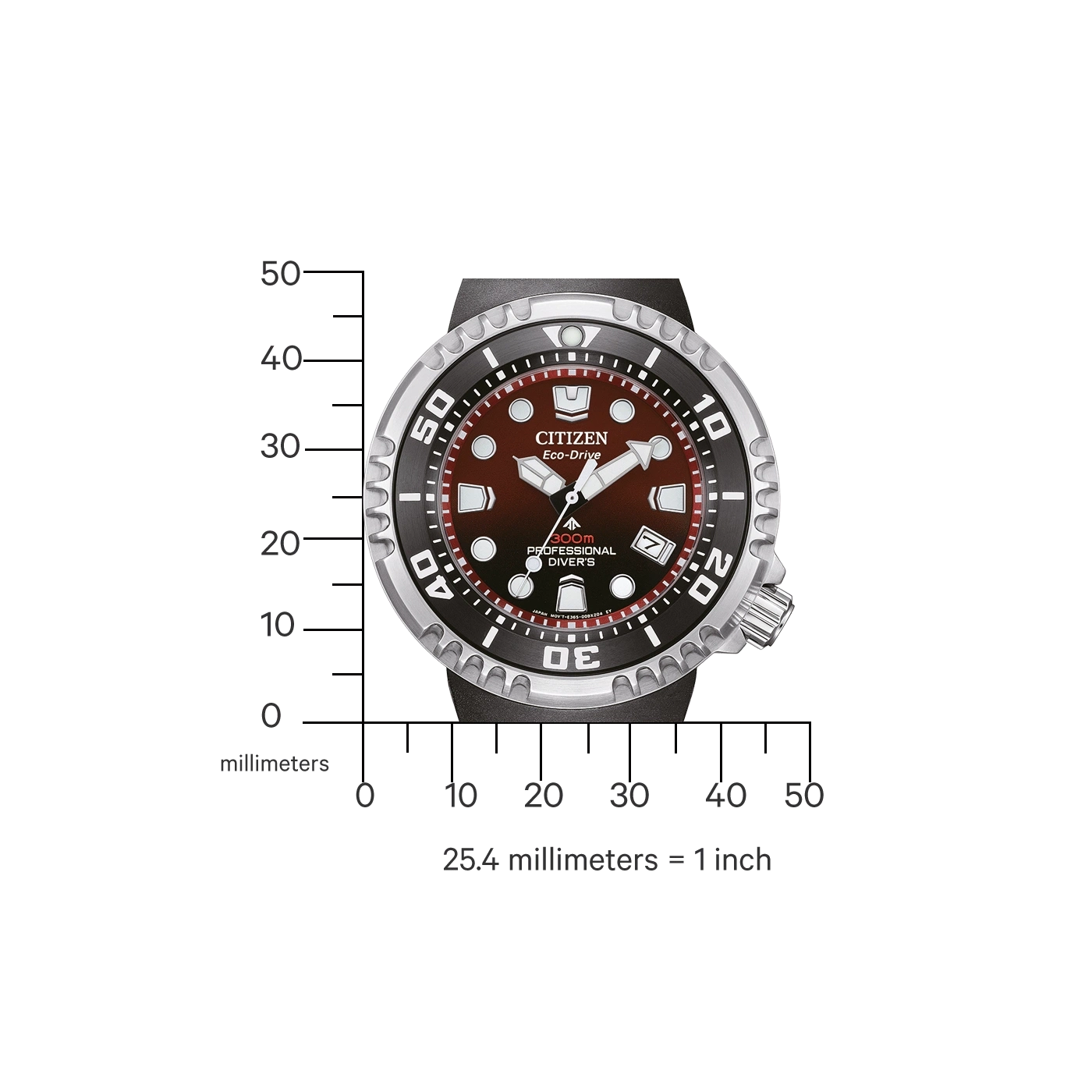Citizen Eco-Drive horloge met millimeterschaal, zwarte en rode wijzerplaat.