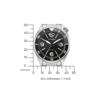 Citizen horloge met zwarte wijzerplaat en zilveren band, toont tijd en metingen.