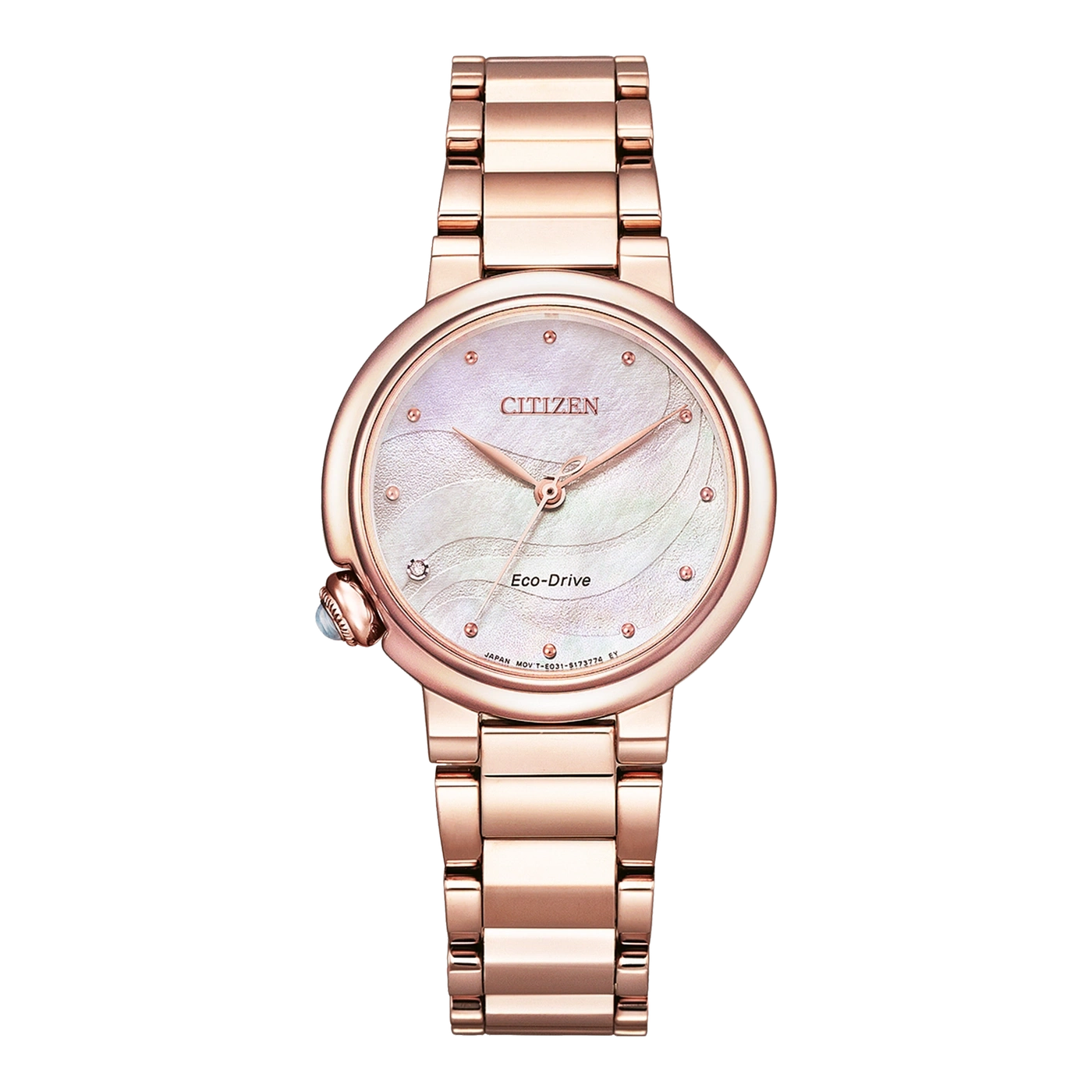 Rosegouden Citizen Eco-Drive horloge met parelmoer wijzerplaat en rosegouden armband.
