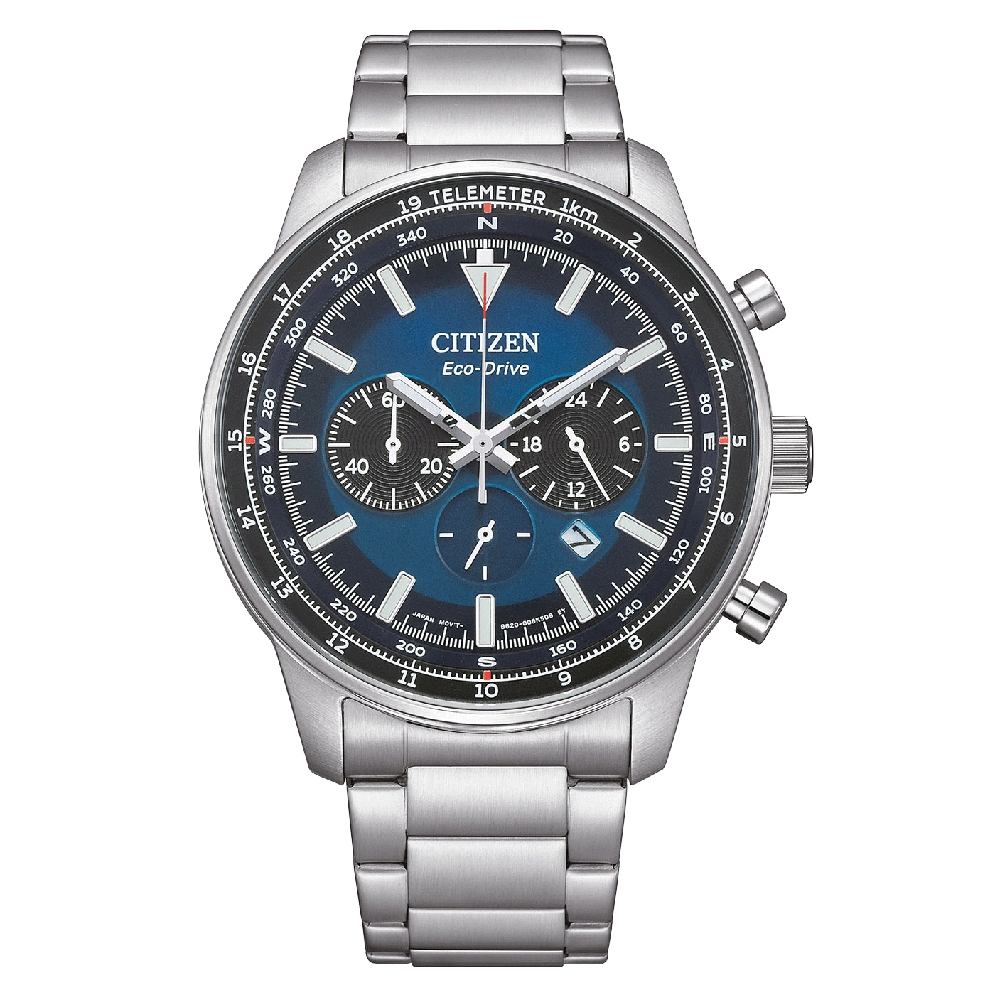 Citizen Eco-Drive horloge met blauwe wijzerplaat en chronograaf functies, roestvrijstalen armband.