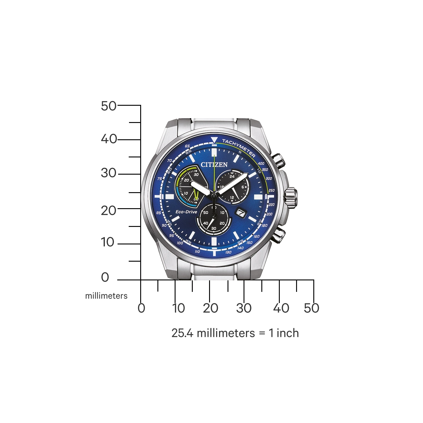 Citizen horloge met blauwe wijzerplaat en zilveren band, tachymeter, Eco-Drive.