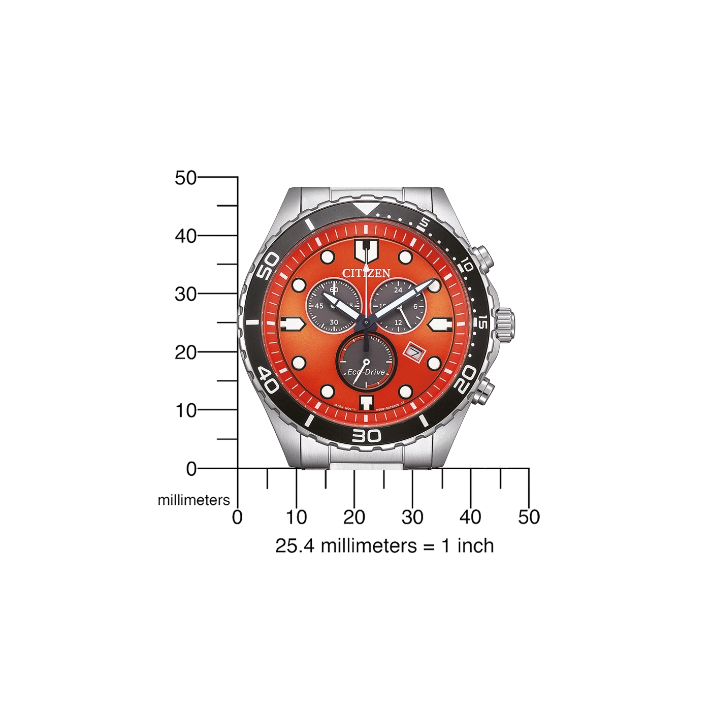 Citizen horloge met oranje wijzerplaat, zwarte bezel en zilveren band, met schaal in millimeters.