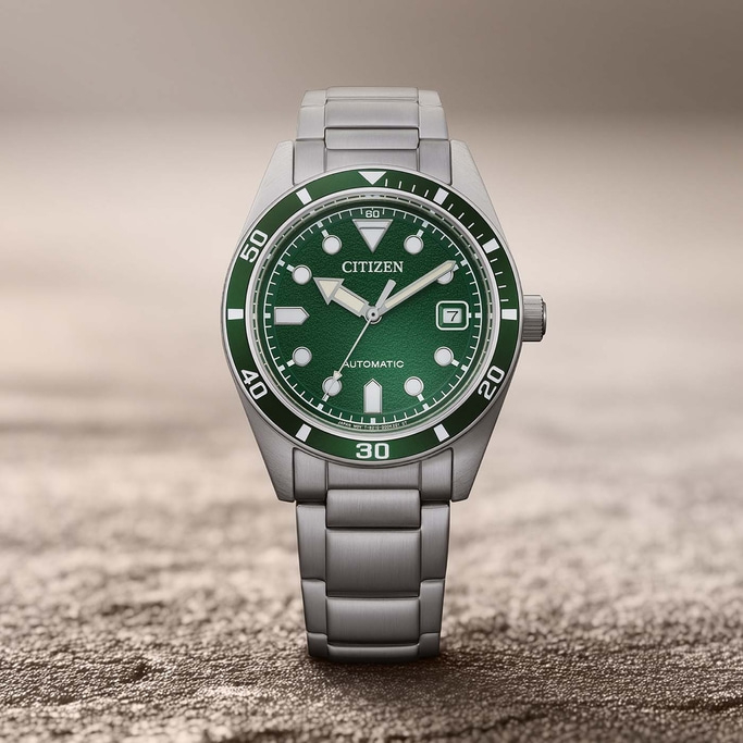 Een groen Citizen automatisch horloge met metalen band.