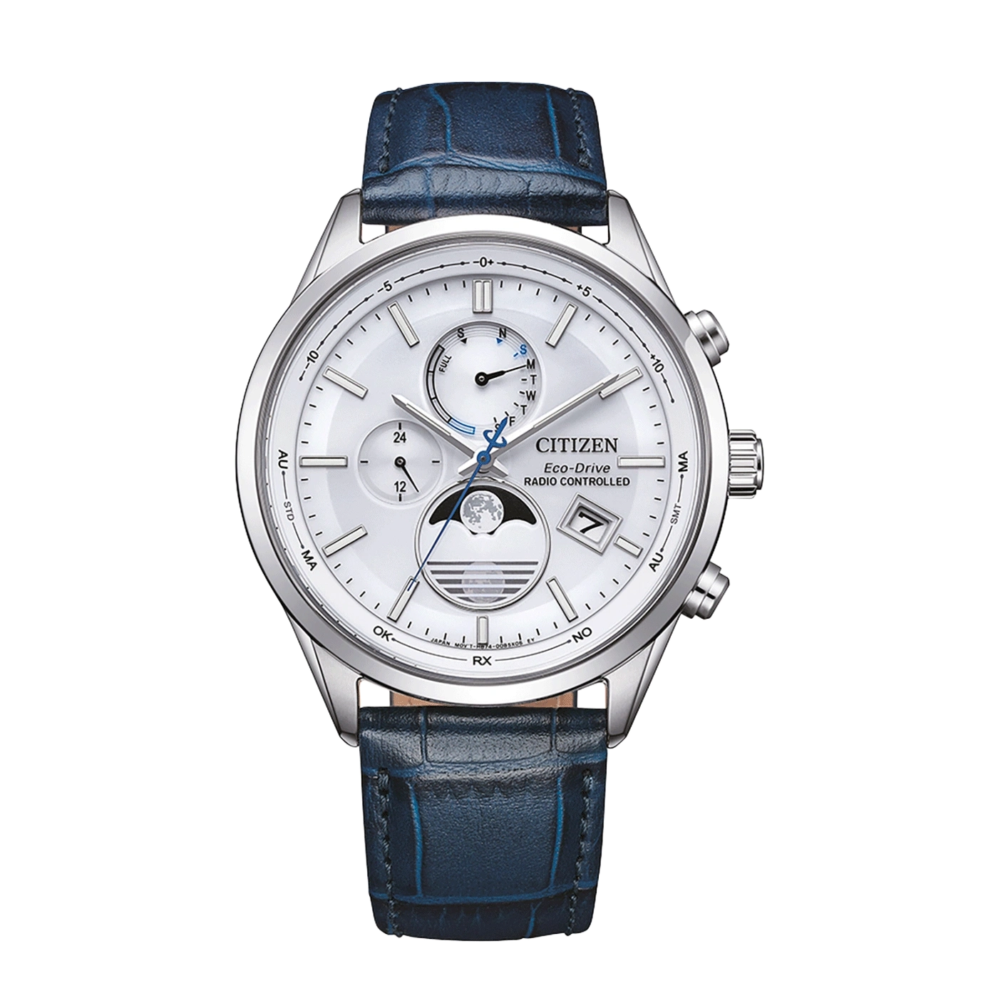 Citizen Eco-Drive horloge met witte wijzerplaat en blauwe leren band.