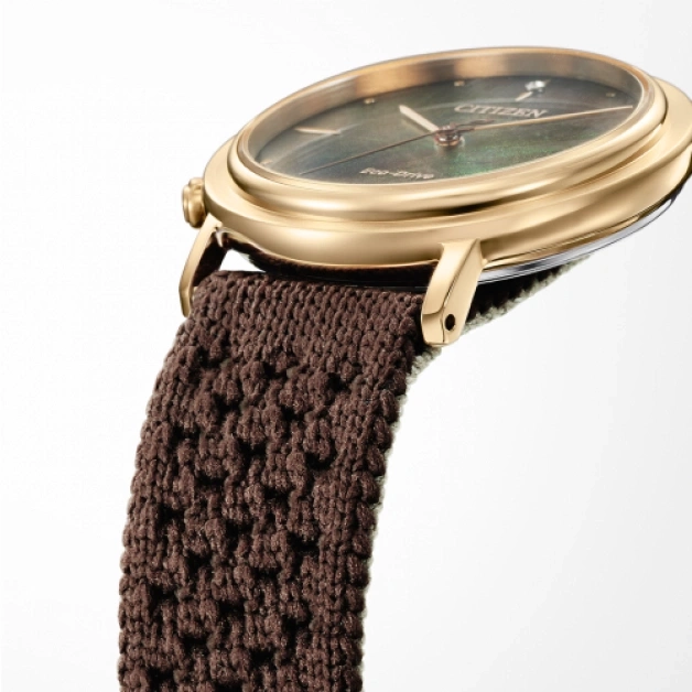 Close-up van een gouden horloge met een bruine geweven band, Citizen Eco-Drive.