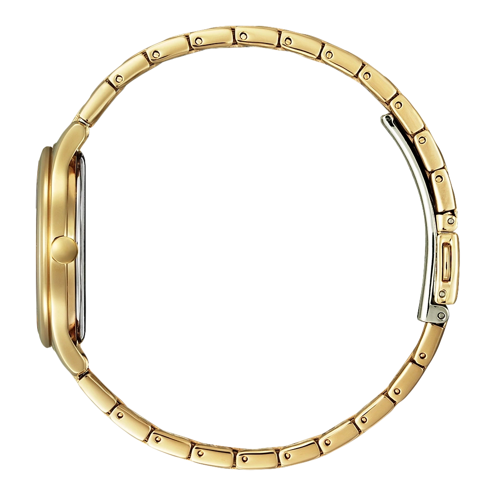 Gouden horloge met een ronde wijzerplaat en een gouden armband, zijaanzicht.