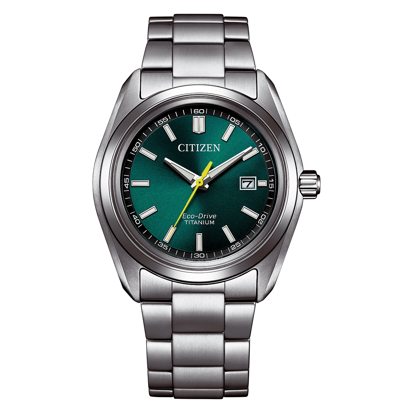Close-up van een Citizen Eco-Drive titanium horloge met een groen wijzerplaat.