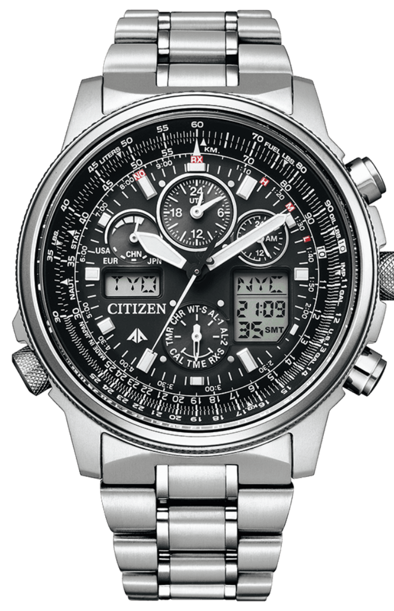 Citizen horloge met zwarte wijzerplaat, zilveren band en meerdere wijzerplaten voor tijdmeting en luchtvaartfuncties.