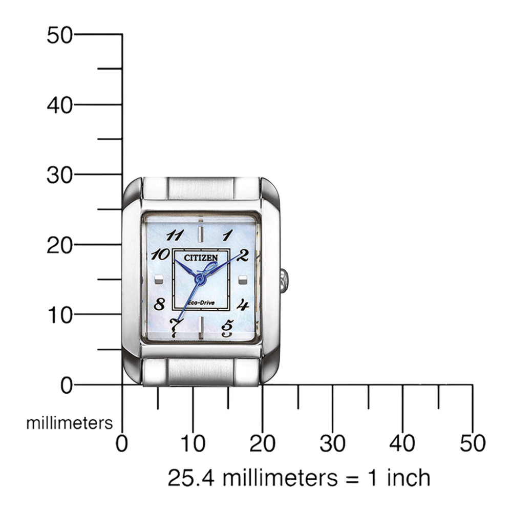 Citizen horloge met vierkante wijzerplaat, tijdweergave, met millimeterschaal.