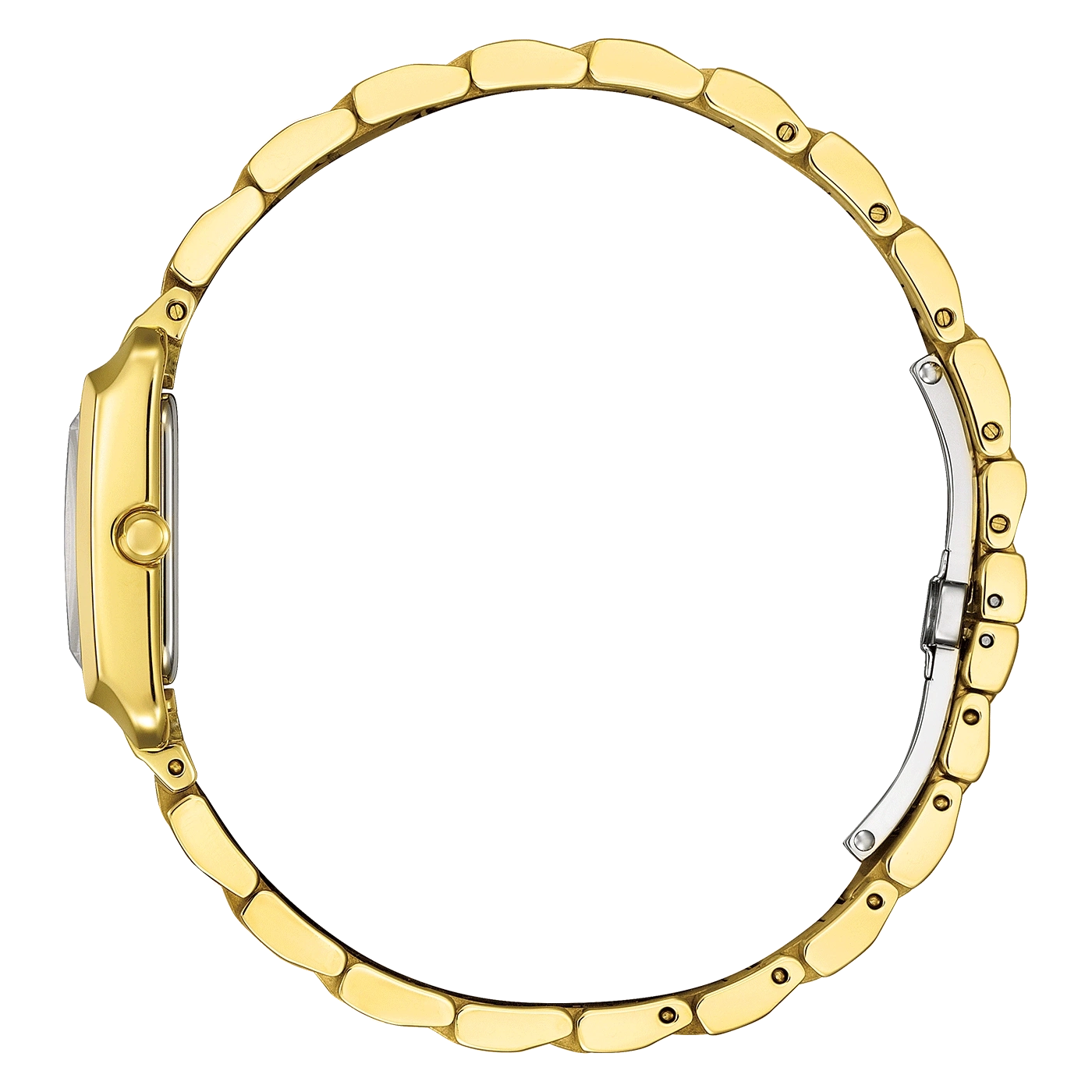 Gouden horloge zijaanzicht, elegant ontwerp, glanzende armband, luxe accessoire, uurwerk