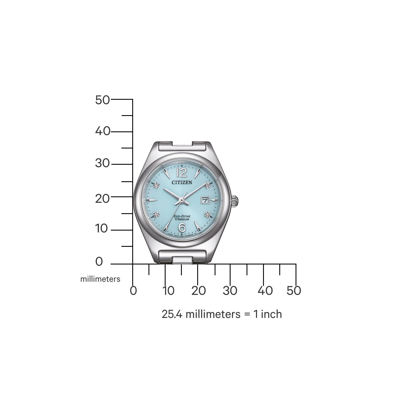 Citizen horloge met lichtblauwe wijzerplaat en titanium band, gemeten in millimeters.