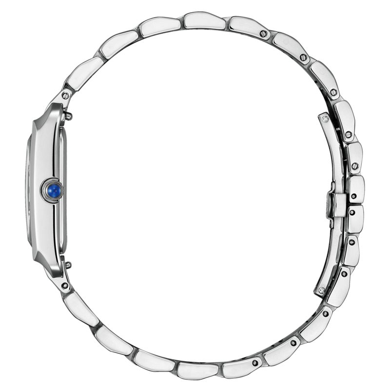 Zilveren horloge met blauwe edelsteen, elegant ontwerp, zijaanzicht