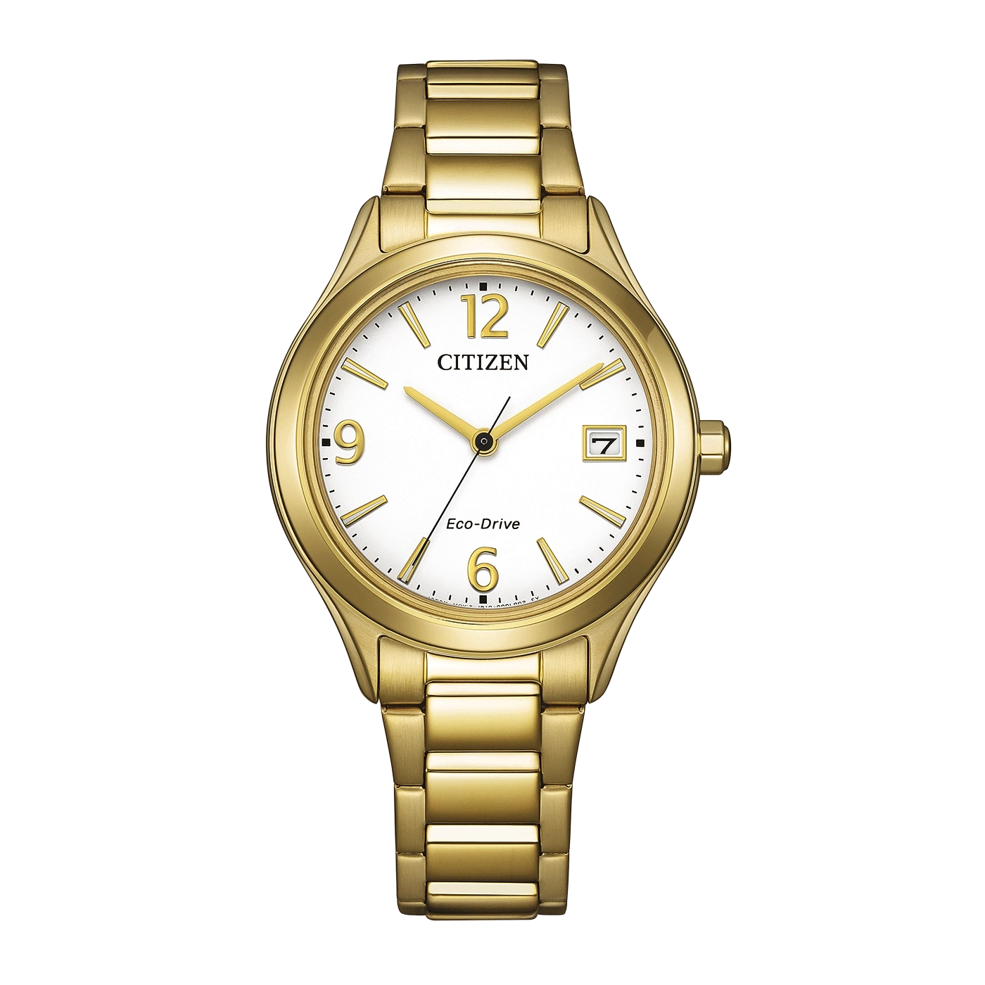 Een gouden Citizen Eco-Drive horloge met een witte wijzerplaat en gouden wijzers.