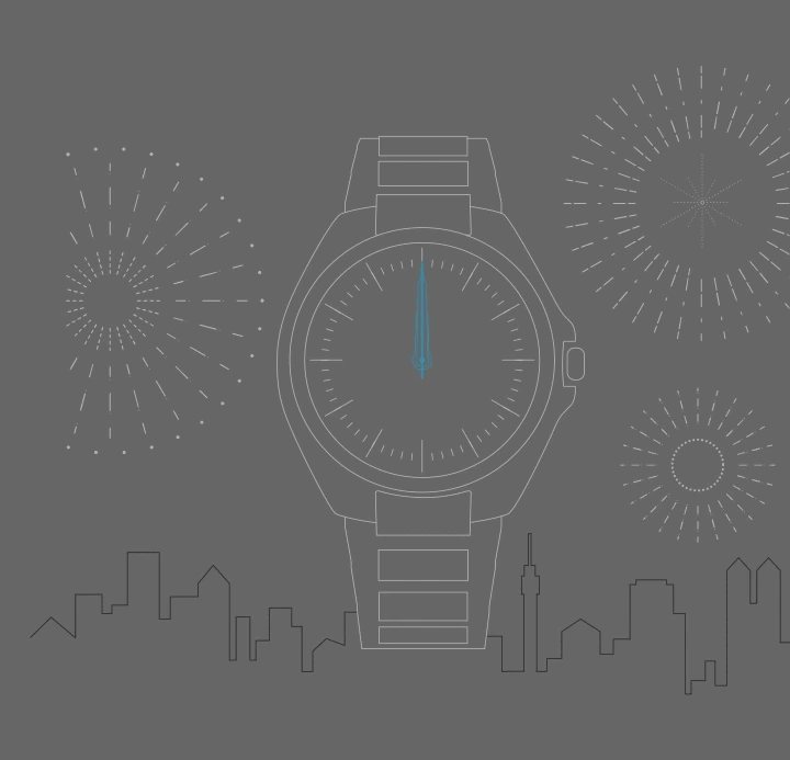 Horloge toont middernacht met vuurwerk en skyline op grijze achtergrond.