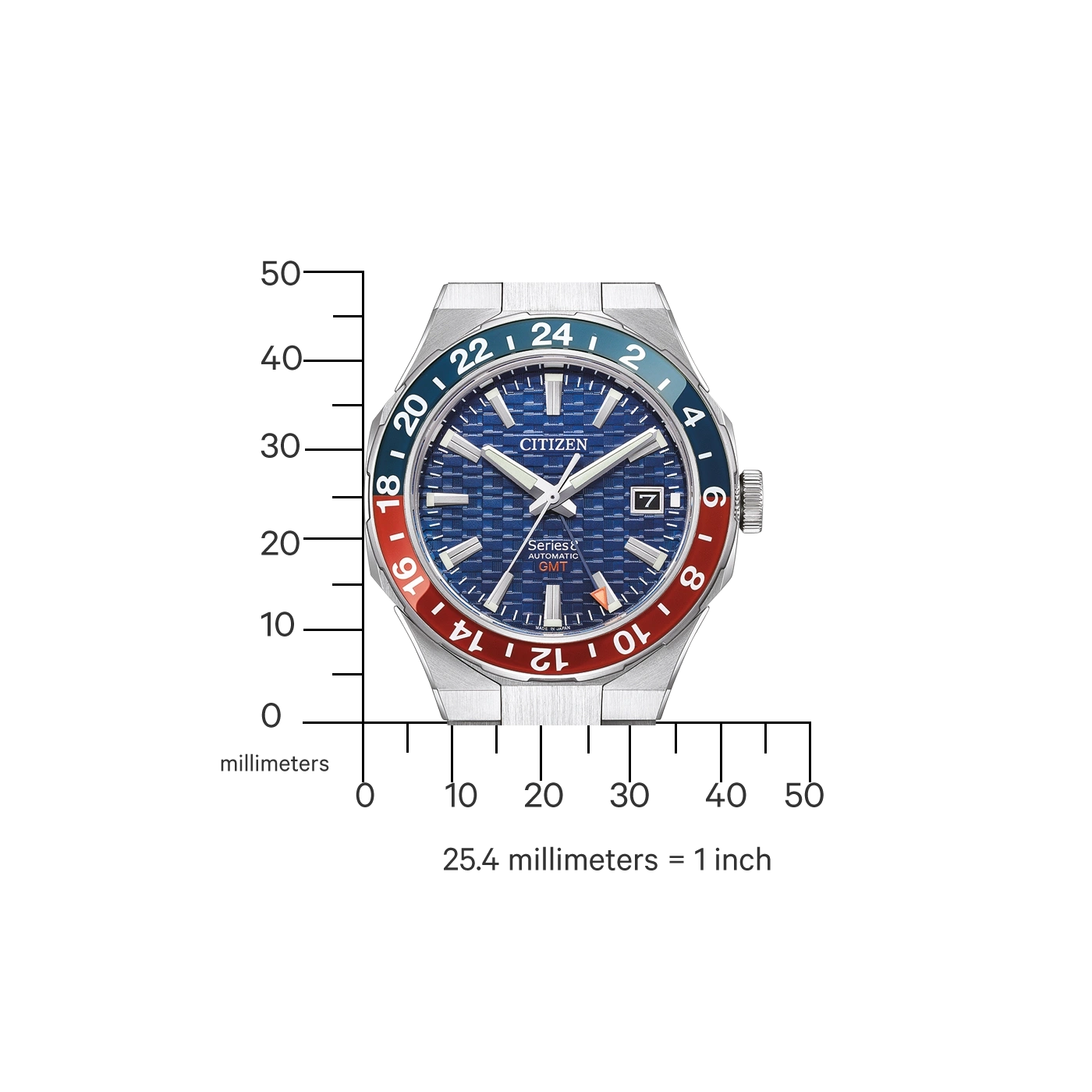 Citizen horloge met blauwe wijzerplaat, rode en blauwe bezel en GMT-functie.