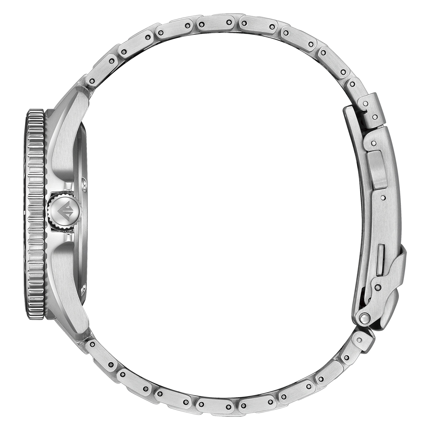 Een zilveren metalen horloge met schakelband en gekartelde ring.