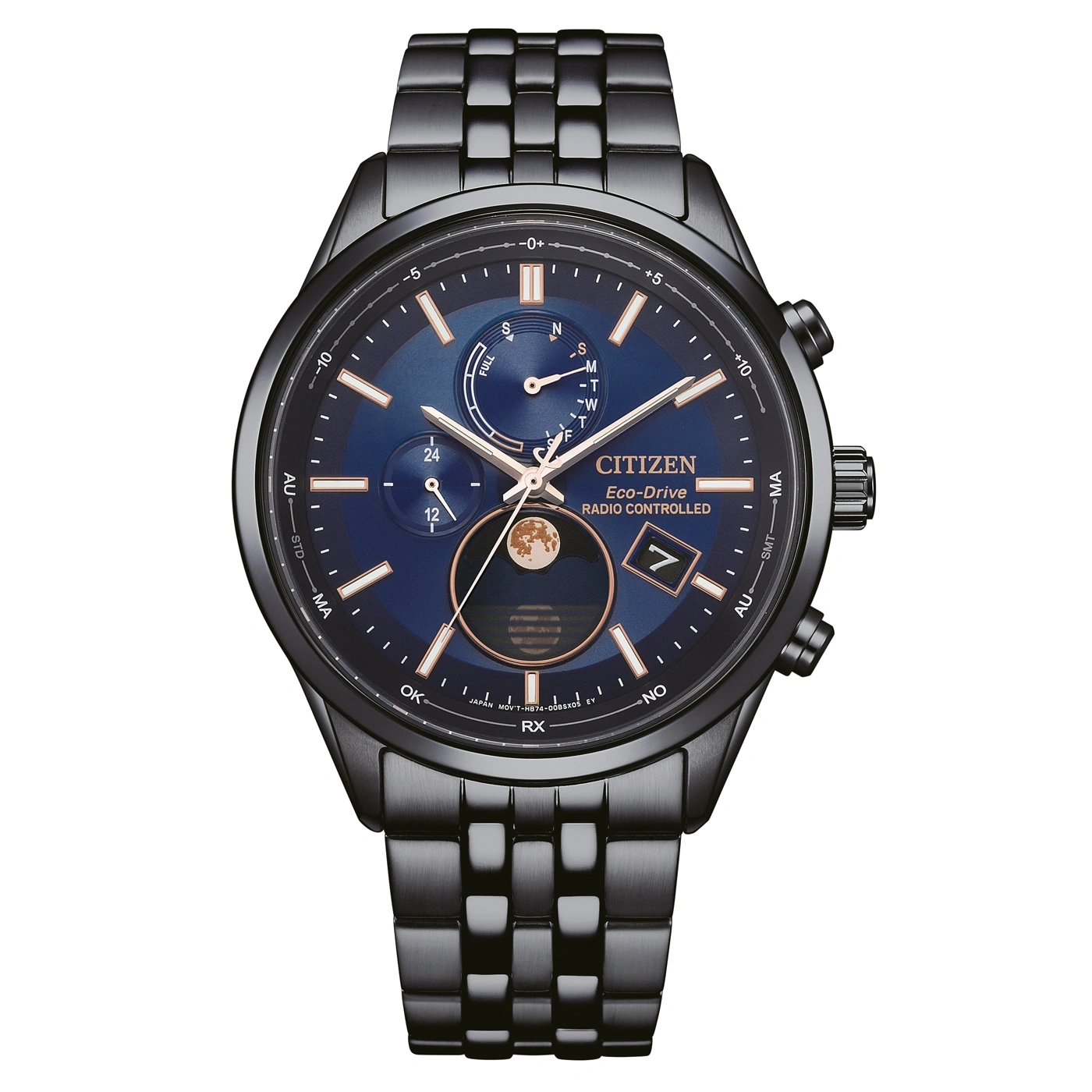 Zwarte Citizen Eco-Drive horloge met blauwe wijzerplaat en maanfase-display.