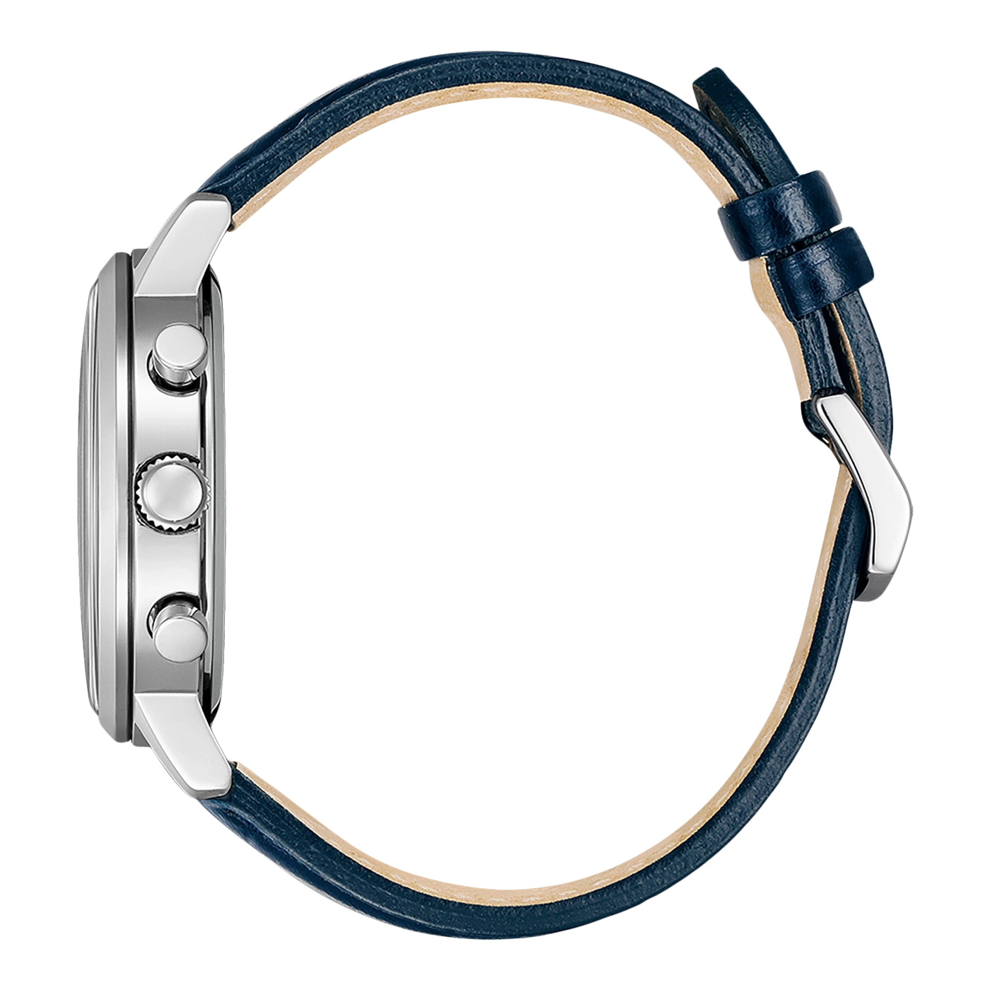 Zijaanzicht van een zilveren horloge met een blauwe leren band.