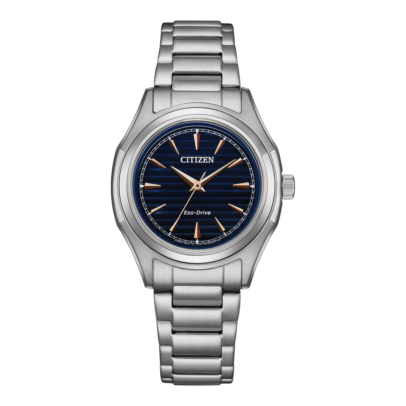 Citizen horloge met blauwe wijzerplaat en zilveren band, Eco-Drive technologie.