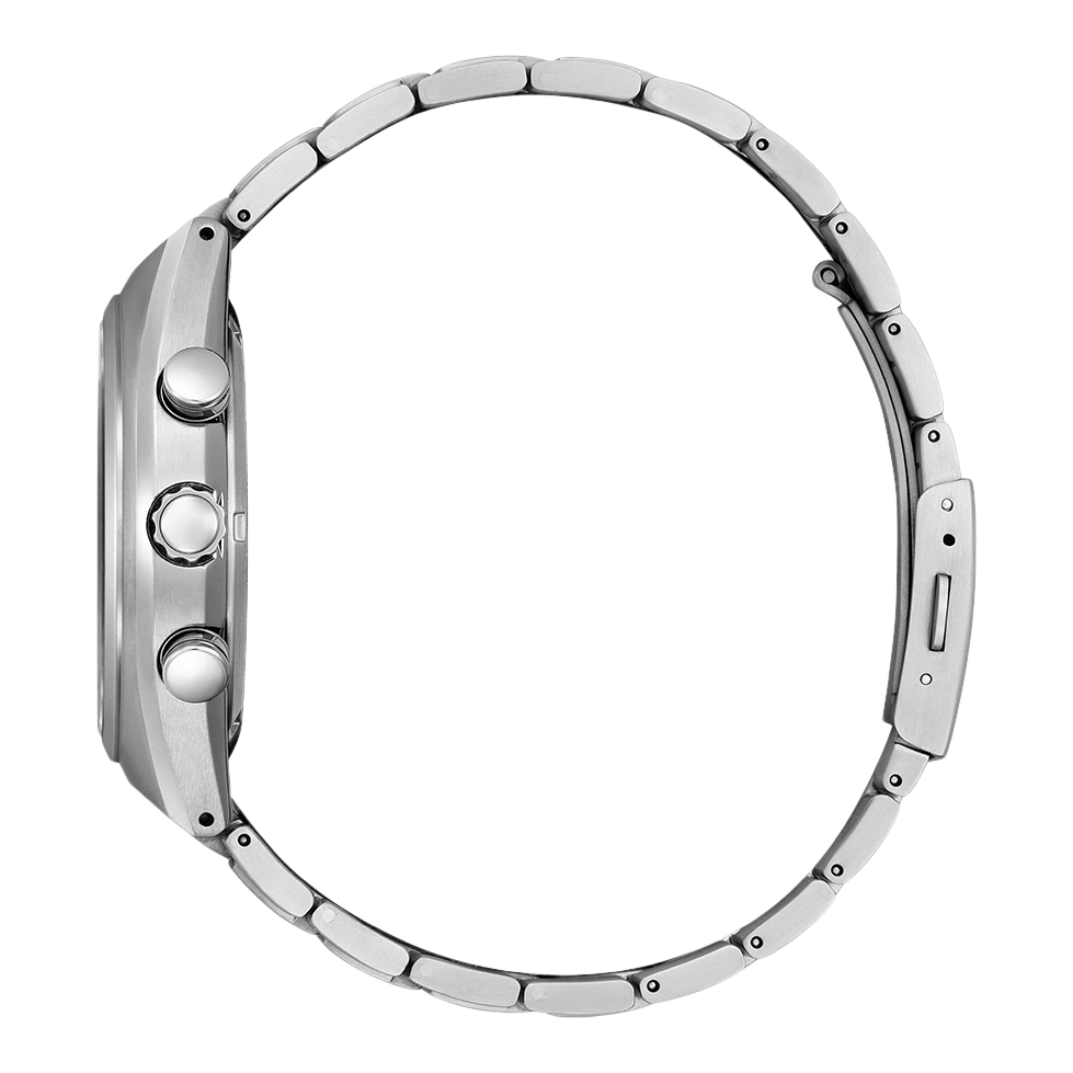 Zilveren horloge met metalen band, zijaanzicht, geïsoleerd op witte achtergrond.