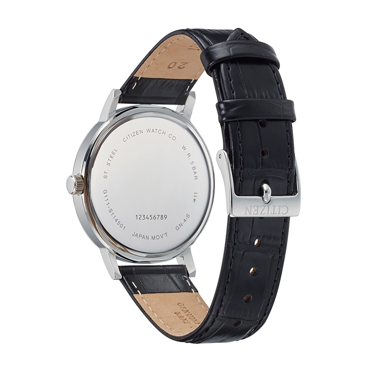 Citizen horloge met zwarte leren band, roestvrijstalen achterkant en tekst.