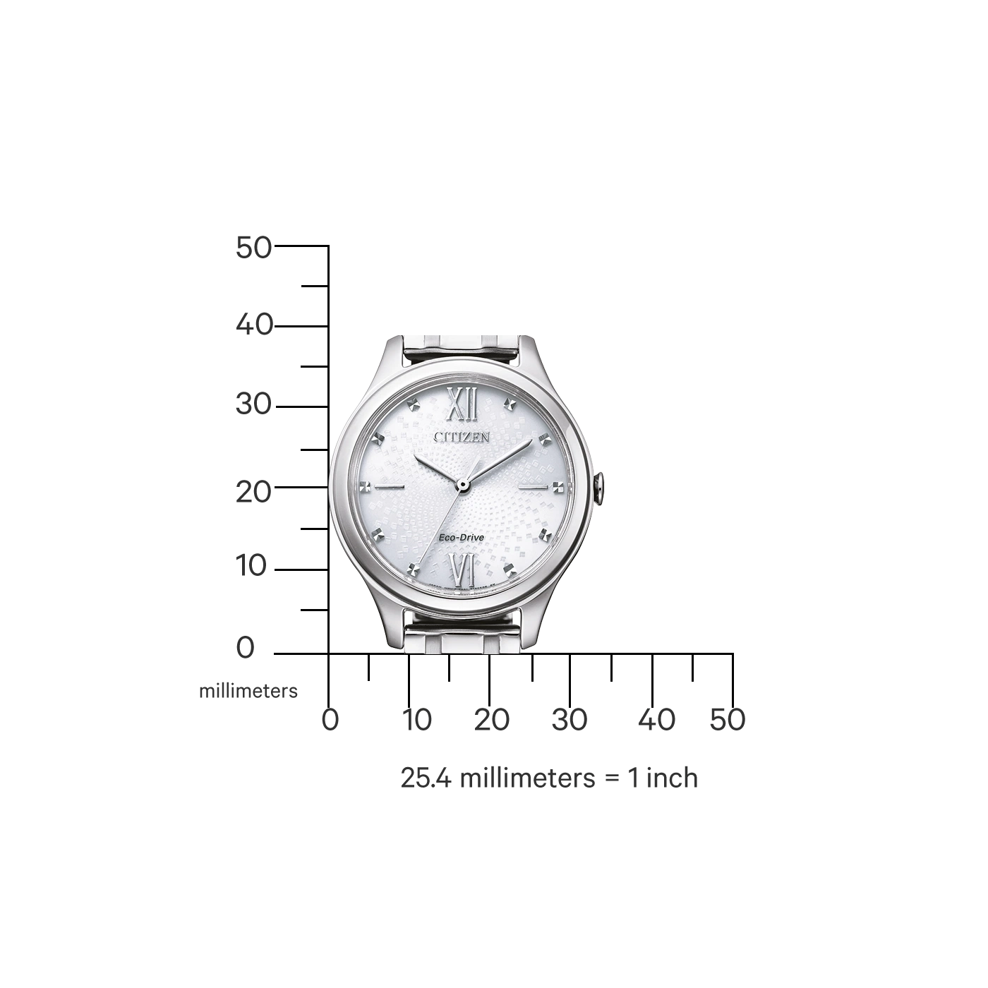 Citizen horloge met een witte wijzerplaat en zilveren band, met een schaal in millimeters.